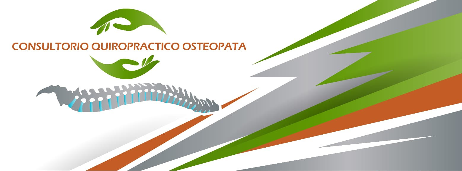 Banner original del Consultorio Quiropráctico Osteópata con logotipo de manos verdes y columna vertebral, sobre detalles verdes, grises y terracota