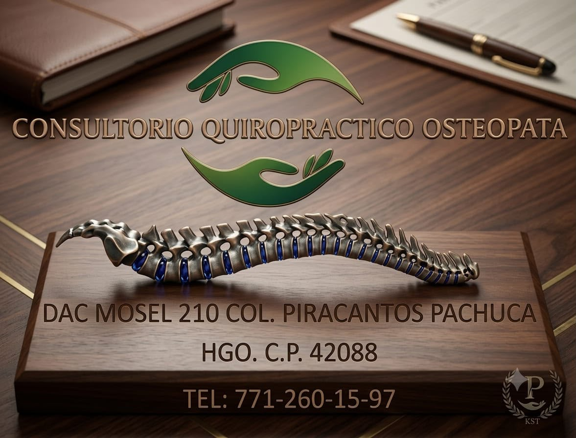 Imagen proporcionada con emblema del Consultorio Quiropráctico Osteópata y dirección DAC MOSEL 210, Col. Piracantos, Pachuca, Hgo., C.P. 42088, teléfono 771-260-15-97
